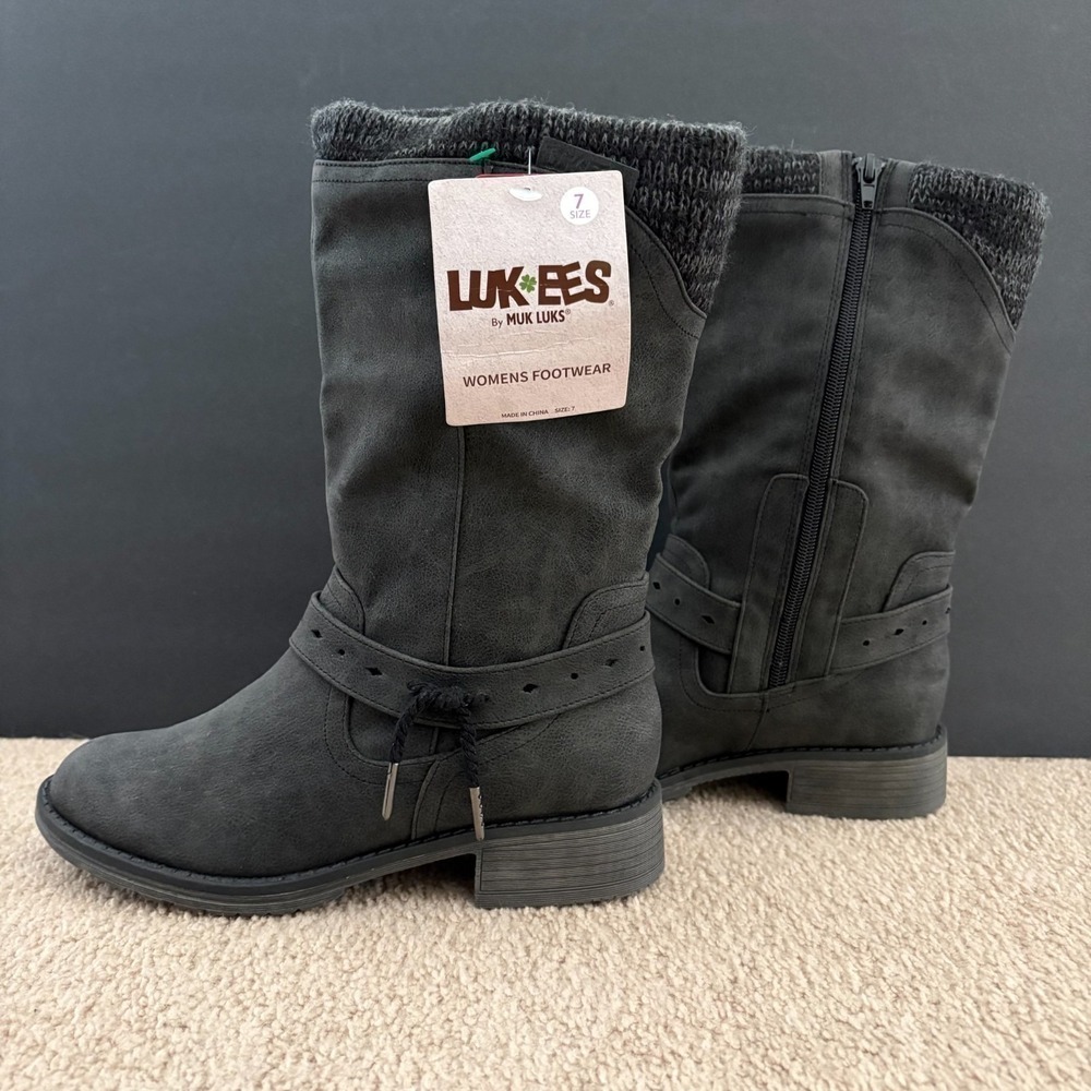 NWT MUK LUKS Women's Gray Mid-Calf Boots Size 7 Knit Cuff Side Zip Memory Foam